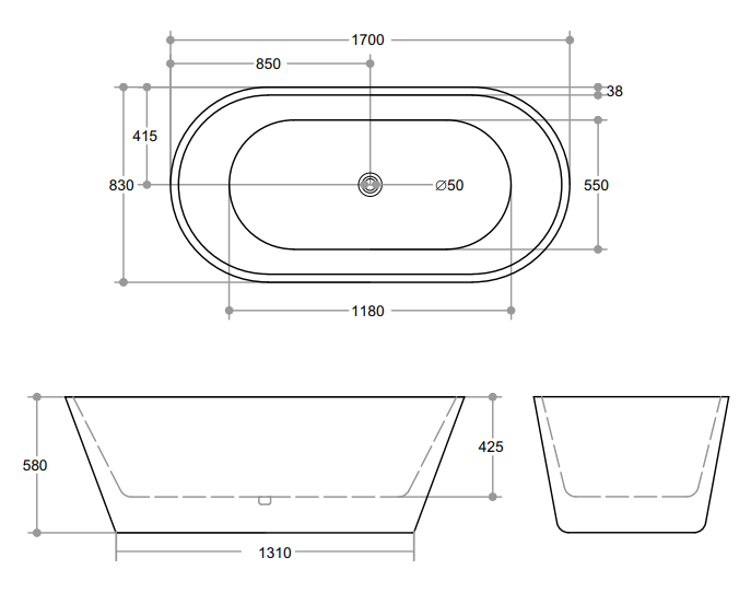 Ovia OBT1700MW MWBT-3-1700 Free Standing Bathtub Matte White Non Overflow 1700*830*580mm
