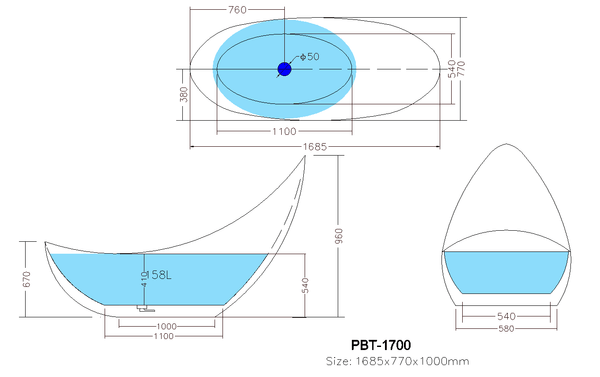 KDK Bathtubs Posh PBT1680MW Free Standing Bathtub Non Overflow 1685*770*1000mm