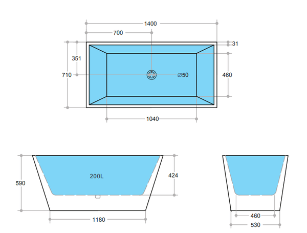 KDK Bathtubs Qubist QBT1400 Free Standing Bathtub Non Overflow 1400*710*590mm