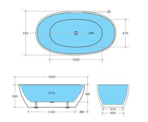 KDK Bathtubs Stella KBT-5-1500 Free Standing Bathtub Non Overflow 1500*750*590mm