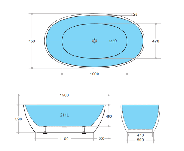 KDK Bathtubs Stella KBT-5-1500 Free Standing Bathtub Non Overflow 1500*750*590mm