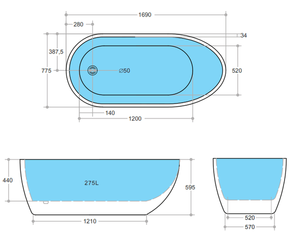 KDK Bathtubs Veda VBT1690 Free Standing Bathtub Non Overflow 1690*775*595mm