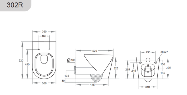 KDK Toilets KDK302R  Avery Rimless Wall Hung Pan