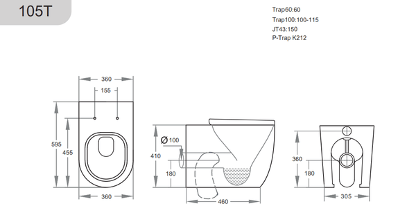 KDK Toilets Veda Wall Faced Floor Pan KDK105T-MB Matt Black