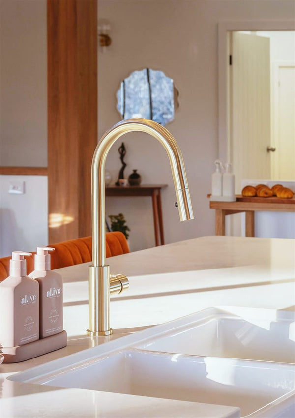 Nero Mixer Taps MECCA PULL OUT SINK MIXER WITH VEGIE SPRAY FUNCTION BRUSHED GOLD (NR221908BG)