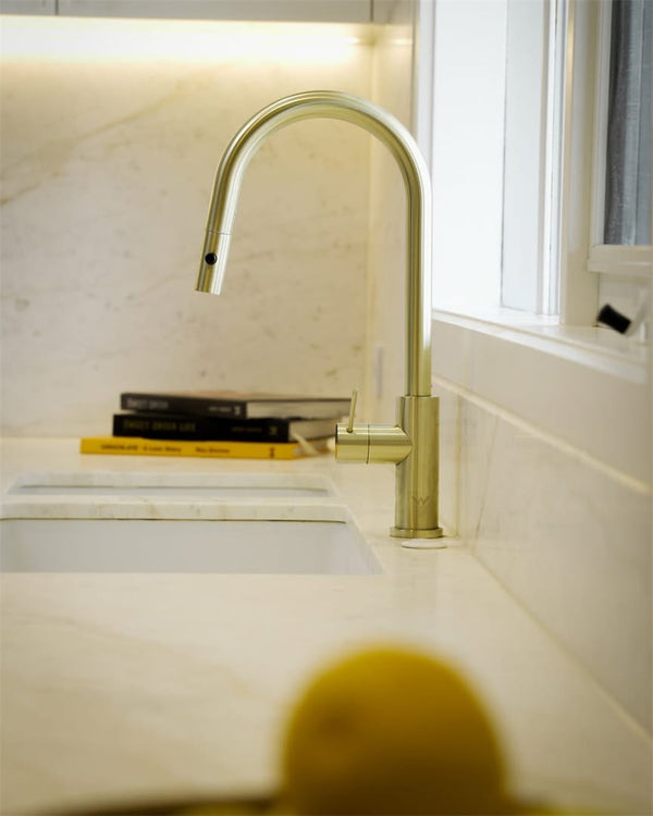 Nero Mixer Taps MECCA PULL OUT SINK MIXER WITH VEGIE SPRAY FUNCTION BRUSHED GOLD (NR221908BG)