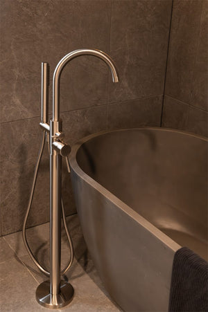 Nero Mixer Taps MECCA ROUND FREESTANDING MIXER WITH HAND SHOWER BRUSHED NICKEL (NR210903aBN)