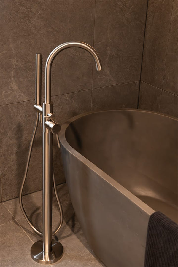 Nero Mixer Taps MECCA ROUND FREESTANDING MIXER WITH HAND SHOWER BRUSHED NICKEL (NR210903aBN)