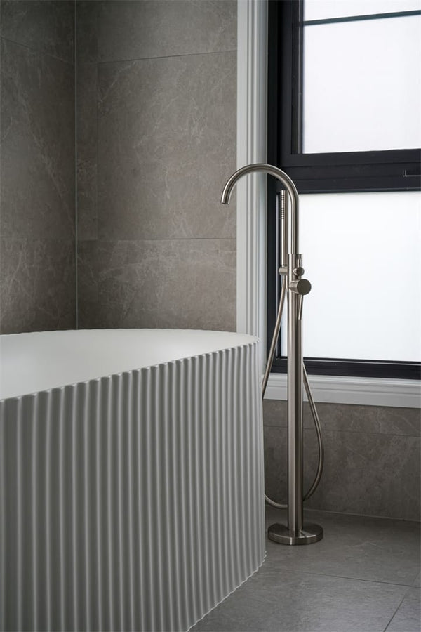Nero Mixer Taps MECCA ROUND FREESTANDING MIXER WITH HAND SHOWER BRUSHED NICKEL (NR210903aBN)