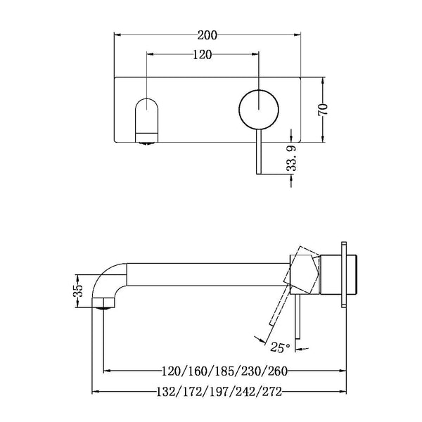 Nero Mixer Taps MECCA WALL BASIN/BATH MIXER 120/160/185/230/260MM BRUSHED GOLD