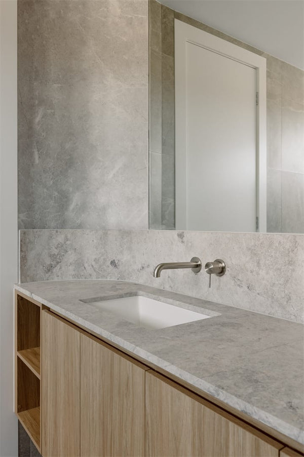 Nero Mixer Taps MECCA WALL BASIN/BATH MIXER SEPARATE BACK PLATE 120/260MM BRUSHED NICKEL