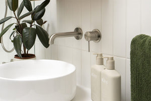 Nero Mixer Taps MECCA WALL BASIN/BATH MIXER SEPARATE BACK PLATE 120/260MM BRUSHED NICKEL