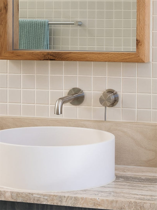 Nero Mixer Taps MECCA WALL BASIN/BATH MIXER SEPARATE BACK PLATE 120/260MM BRUSHED NICKEL
