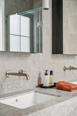Nero Mixer Taps MECCA WALL BASIN/BATH MIXER SEPARATE BACK PLATE 120/260MM BRUSHED NICKEL