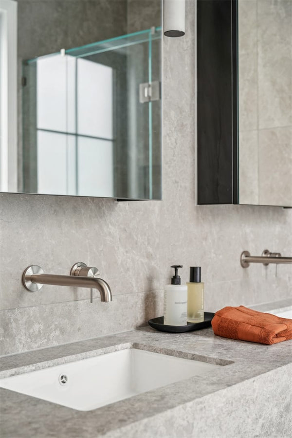 Nero Mixer Taps MECCA WALL BASIN/BATH MIXER SEPARATE BACK PLATE 120/260MM BRUSHED NICKEL