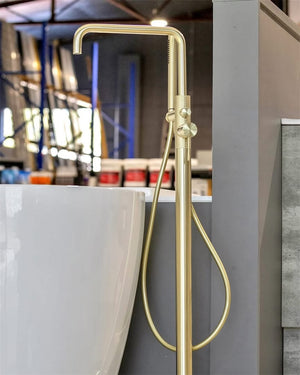 Nero Mixer Taps OPAL FREESTANDING BATH MIXER WITH HAND SHOWER BRUSHED GOLD (NR251903aBG)