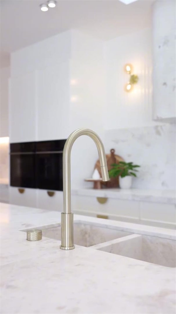 Nero Mixer Taps OPAL PROGRESSIVE PULL OUT KITCHEN SET BRUSHED GOLD (NR252008BG)