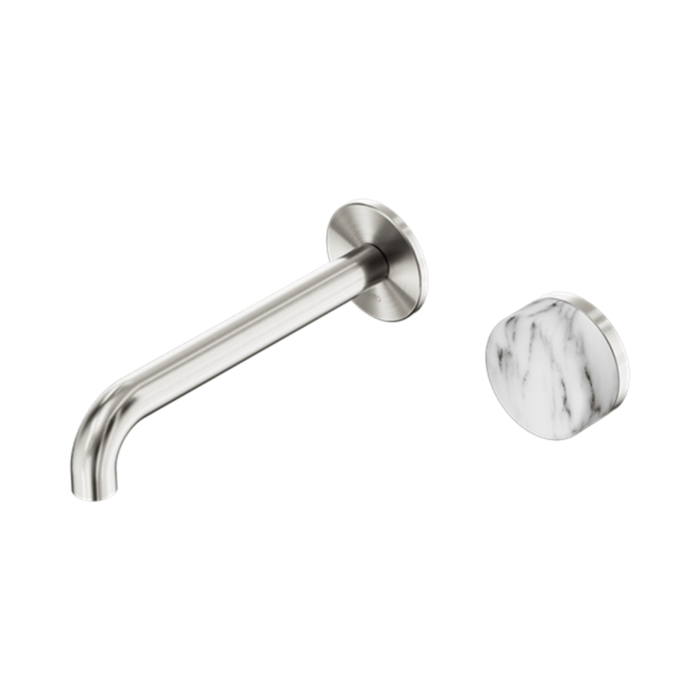 Nero Mixer Taps Serenity Progressive Wall Basin Mixer 160/185/220mm Spout With Arabescato Corchia Handle Brushed Nickel