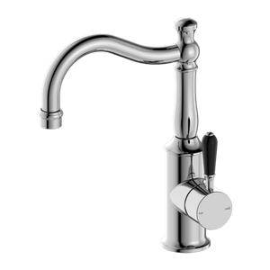 Nero Mixer Taps YORK BASIN MIXER HOOK SPOUT WITH BLACK PORCELAIN LEVER CHROME (NR69210203CH)