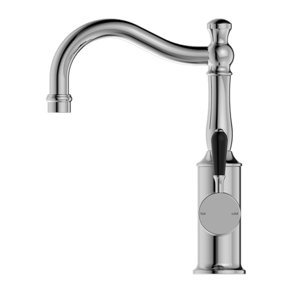 Nero Mixer Taps YORK BASIN MIXER HOOK SPOUT WITH BLACK PORCELAIN LEVER CHROME (NR69210203CH)