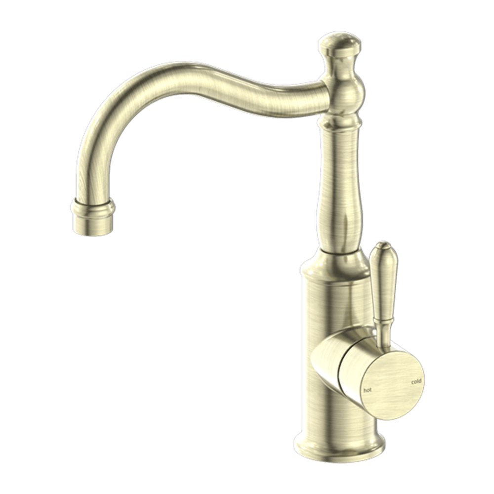 Nero Mixer Taps YORK BASIN MIXER HOOK SPOUT WITH METAL LEVER AGED BRASS (NR69210202AB)