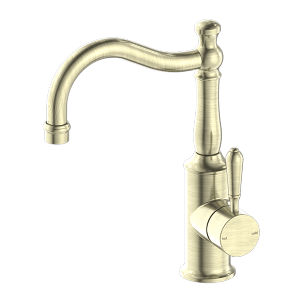 Nero Mixer Taps YORK BASIN MIXER HOOK SPOUT WITH METAL LEVER AGED BRASS (NR69210202AB)
