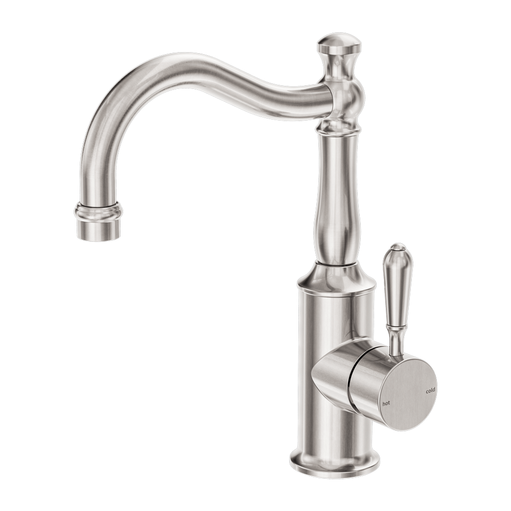 Nero Mixer Taps York Basin Mixer Hook Spout With Metal Lever Brushed Nickel (NR69210202BN)