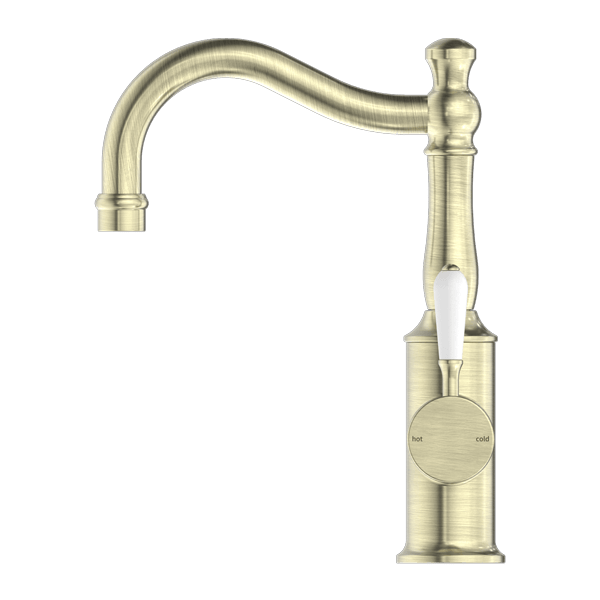 YORK BASIN MIXER HOOK SPOUT WITH WHITE PORCELAIN LEVER AGED BRASS (NR69210201AB)