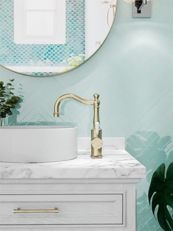 Nero Mixer Taps YORK BASIN MIXER HOOK SPOUT WITH WHITE PORCELAIN LEVER AGED BRASS (NR69210201AB)