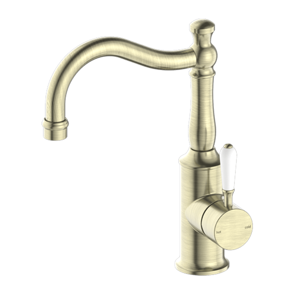 Nero Mixer Taps YORK BASIN MIXER HOOK SPOUT WITH WHITE PORCELAIN LEVER AGED BRASS (NR69210201AB)