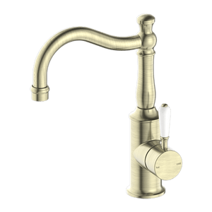 Nero Mixer Taps YORK BASIN MIXER HOOK SPOUT WITH WHITE PORCELAIN LEVER AGED BRASS (NR69210201AB)