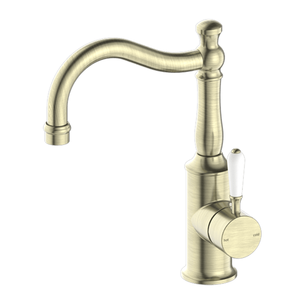 Nero Mixer Taps YORK BASIN MIXER HOOK SPOUT WITH WHITE PORCELAIN LEVER AGED BRASS (NR69210201AB)