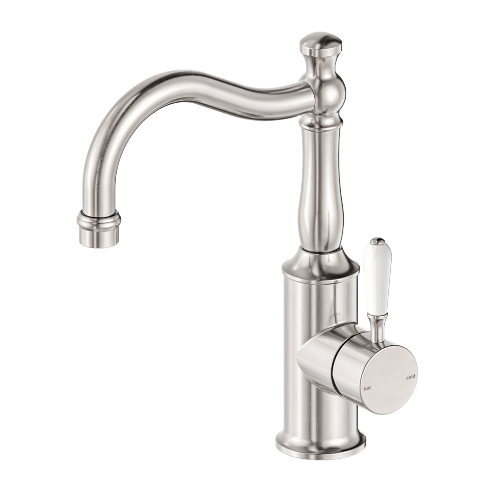 Nero Mixer Taps York Basin Mixer Hook Spout With White Porcelain Lever Brushed Nickel (NR69210201BN)