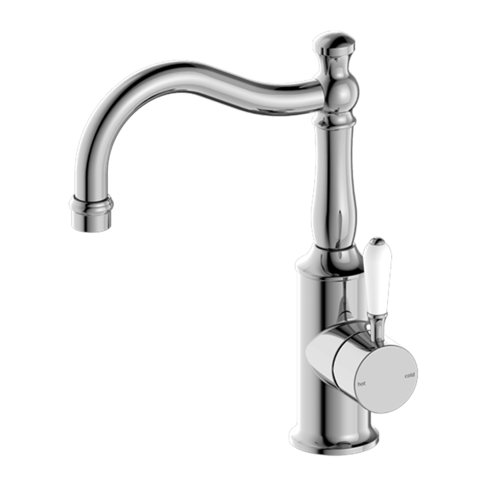 Nero Mixer Taps YORK BASIN MIXER HOOK SPOUT WITH WHITE PORCELAIN LEVER CHROME (NR69210201CH)