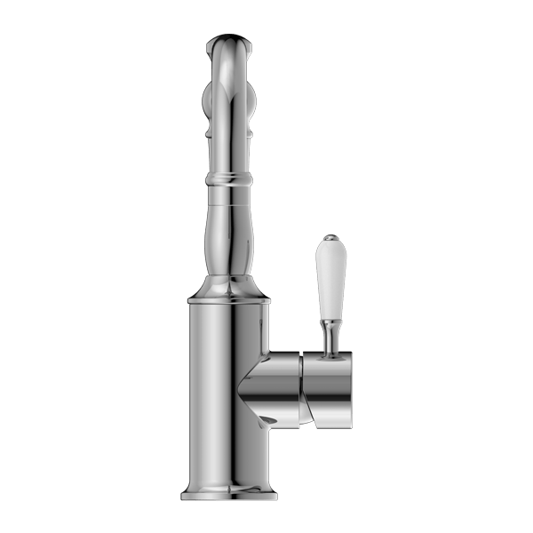 Nero Mixer Taps YORK BASIN MIXER HOOK SPOUT WITH WHITE PORCELAIN LEVER CHROME (NR69210201CH)