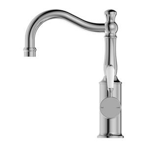 Nero Mixer Taps YORK BASIN MIXER HOOK SPOUT WITH WHITE PORCELAIN LEVER CHROME (NR69210201CH)