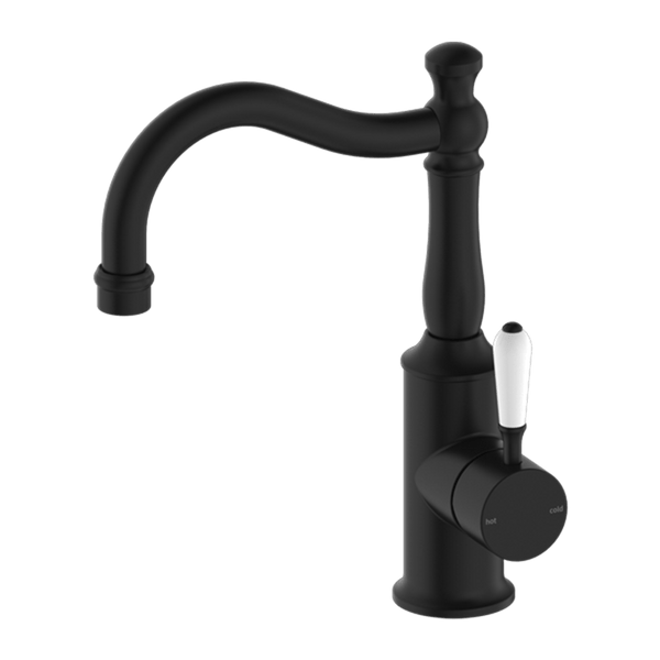 Nero Mixer Taps YORK BASIN MIXER HOOK SPOUT WITH WHITE PORCELAIN LEVER MATTE BLACK (NR69210201MB)