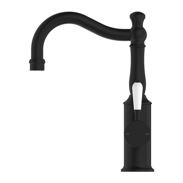 YORK BASIN MIXER HOOK SPOUT WITH WHITE PORCELAIN LEVER MATTE BLACK (NR69210201MB)