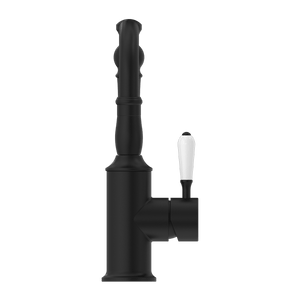 Nero Mixer Taps YORK BASIN MIXER HOOK SPOUT WITH WHITE PORCELAIN LEVER MATTE BLACK (NR69210201MB)