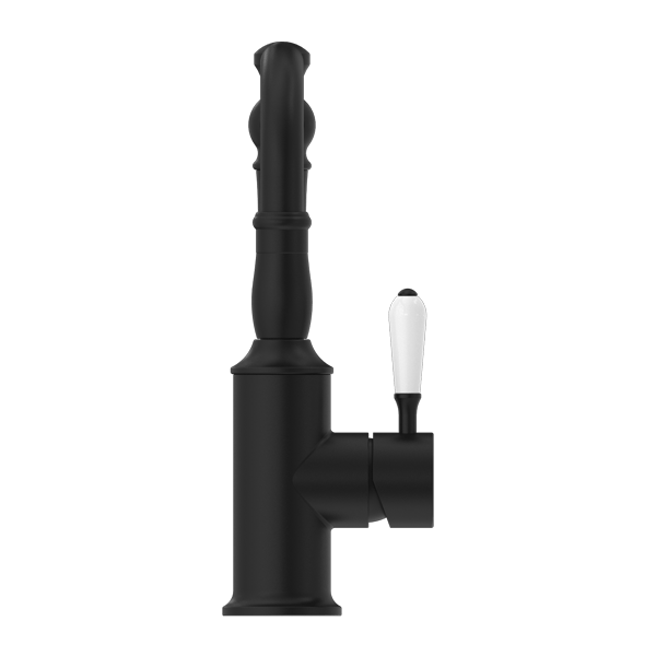Nero Mixer Taps YORK BASIN MIXER HOOK SPOUT WITH WHITE PORCELAIN LEVER MATTE BLACK (NR69210201MB)