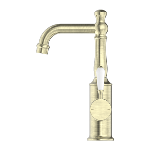 Nero Mixer Taps YORK BASIN MIXER WITH WHITE PORCELAIN LEVER AGED BRASS (NR69210101AB)