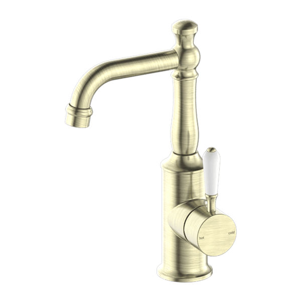 Nero Mixer Taps YORK BASIN MIXER WITH WHITE PORCELAIN LEVER AGED BRASS (NR69210101AB)
