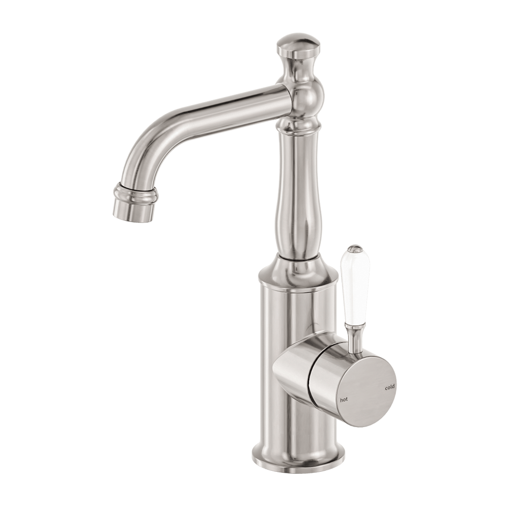 Nero Mixer Taps York Basin Mixer With White Porcelain Lever Brushed Nickel (NR69210101BN)