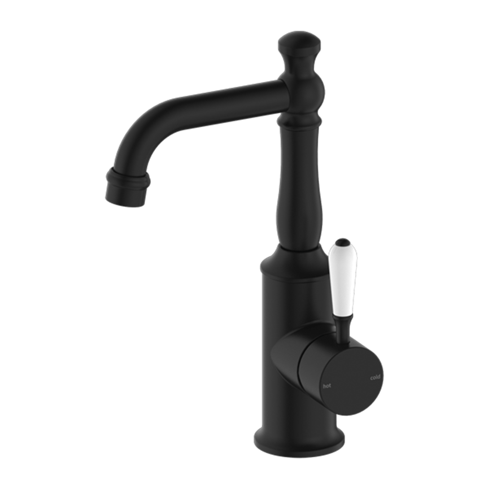 Nero Mixer Taps YORK BASIN MIXER WITH WHITE PORCELAIN LEVER MATTE BLACK (NR69210101MB)