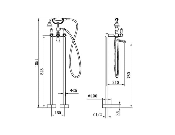 Nero Mixer Taps York Freestanding Bath Set With Metal Hand Shower Brushed Nickel (NR692103a02BN)