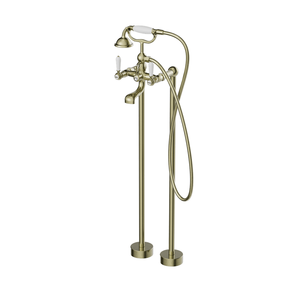 Nero Mixer Taps YORK FREESTANDING BATH SET WITH WHITE PORCELAIN HAND SHOWER AGED BRASS (NR692103a01AB)