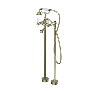 Nero Mixer Taps YORK FREESTANDING BATH SET WITH WHITE PORCELAIN HAND SHOWER AGED BRASS (NR692103a01AB)