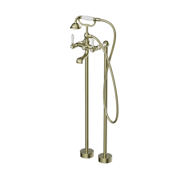 Nero Mixer Taps YORK FREESTANDING BATH SET WITH WHITE PORCELAIN HAND SHOWER AGED BRASS (NR692103a01AB)