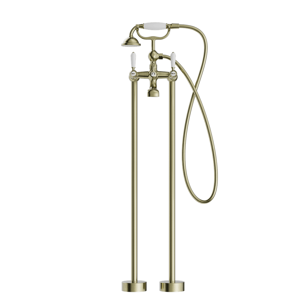 YORK FREESTANDING BATH SET WITH WHITE PORCELAIN HAND SHOWER AGED BRASS (NR692103a01AB)