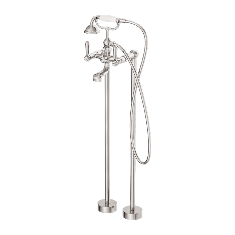 Nero Mixer Taps York Freestanding Bath Set With White Porcelain Hand Shower Brushed Nickel (NR692103a01BN)